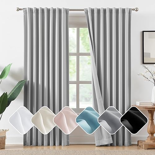 Cortinas opacas con aislamiento térmico gris de 84 pulgadas de largo, pestaña trasera y bolsillo para barra, oscurecimiento de la habitación,