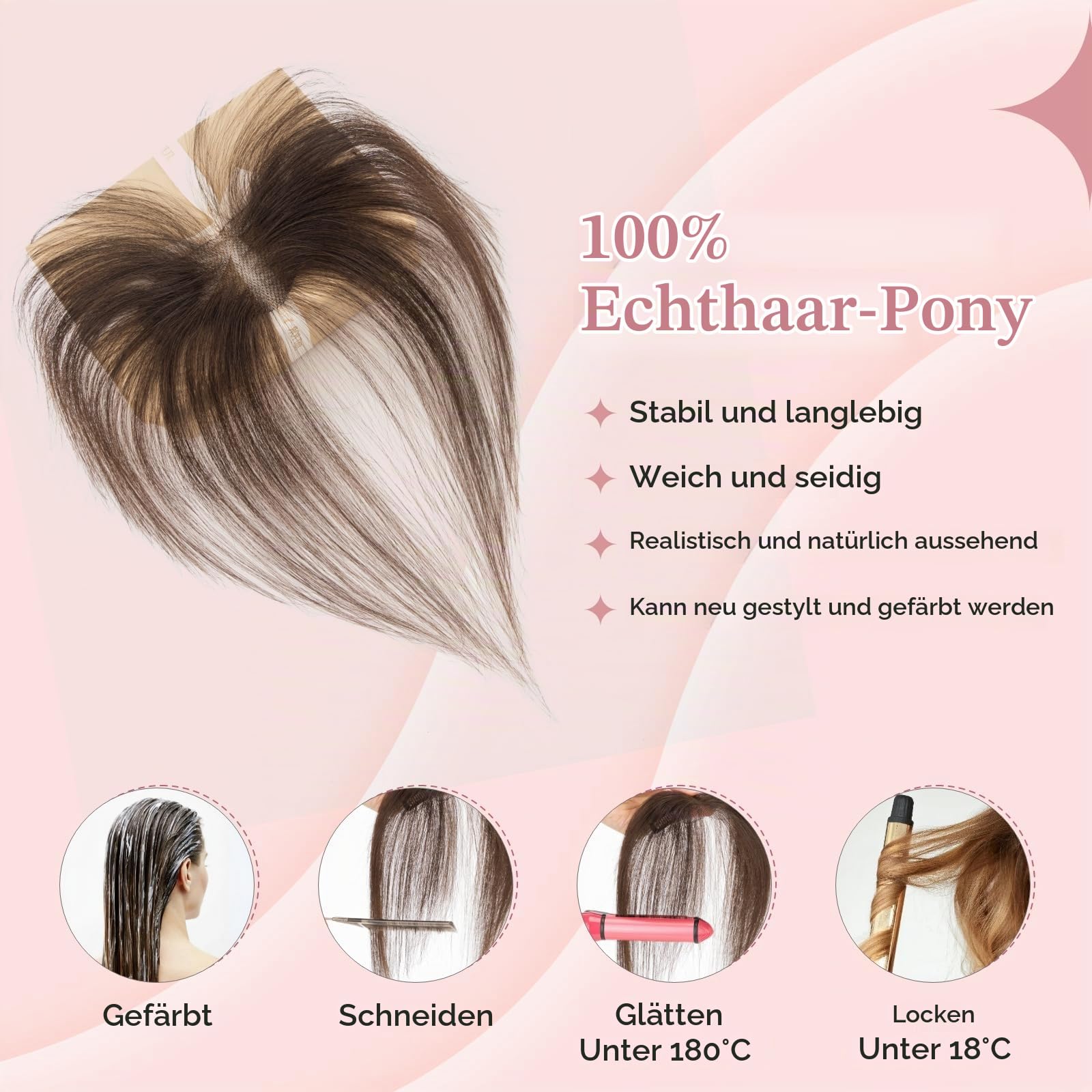 Pony Haarteil Echthaar mit 2 Clips in Extensions 100% Remy Haar Topper Handgebundene Basis Haarverlängerungen Fringe Natürlich für Damen Dunkel Braun#02