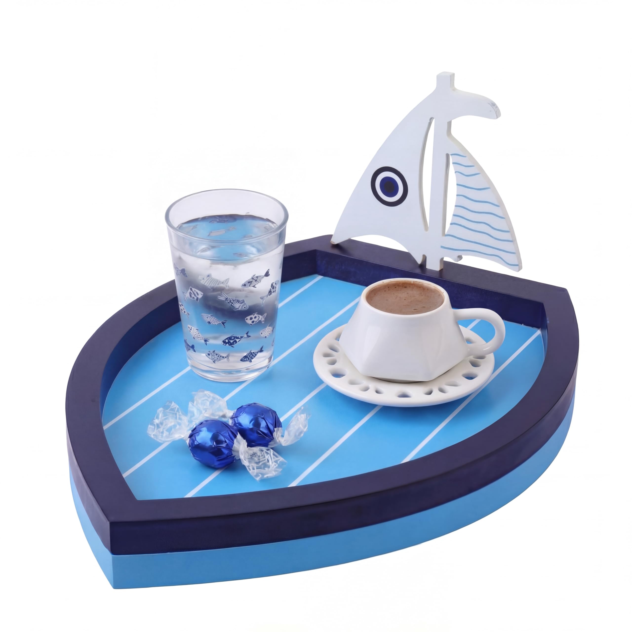 Bandeja de madera con forma de barco Gerrii para decoración de mesa de café náutica