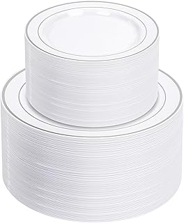 NOCCUR 200PCS Silver Plastic Plates Disposable for 100 Guests - Include 100 Dinner / 100 Dessert Plates Heavy Duty - Ideal for Party, Wedding, Christmas