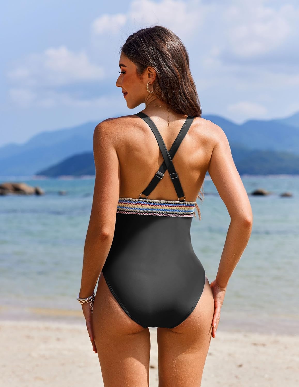 AI'MAGE One Piece Swimsuit Women Tummy Control Slimming Modest Bathing Suits Color Block Adjustable Straps Swim Suits 2025 - Image 3