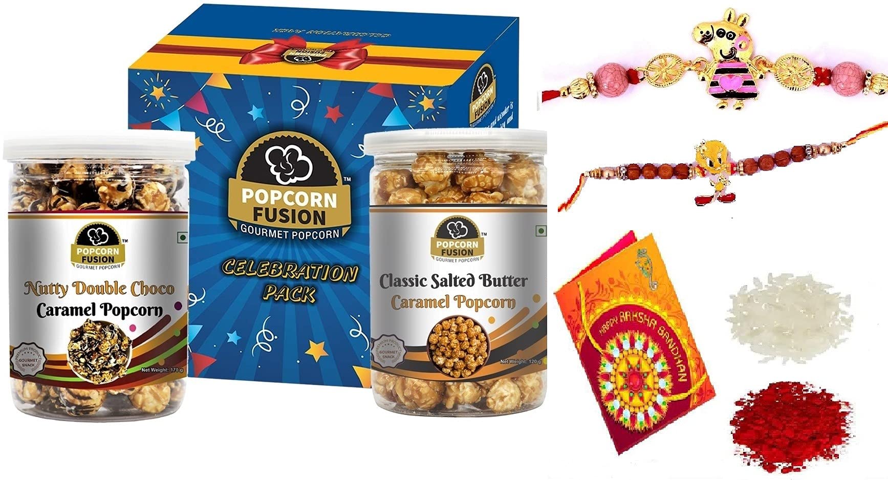 Popcorn Fusion Rakhi Gift Pack Of Chocolate & Caramel Popcorn (320g) with 2 Premium Kids Rakhi Roli Chawal Chandan Greeting Card for brother (Item Code-1050)-image-21