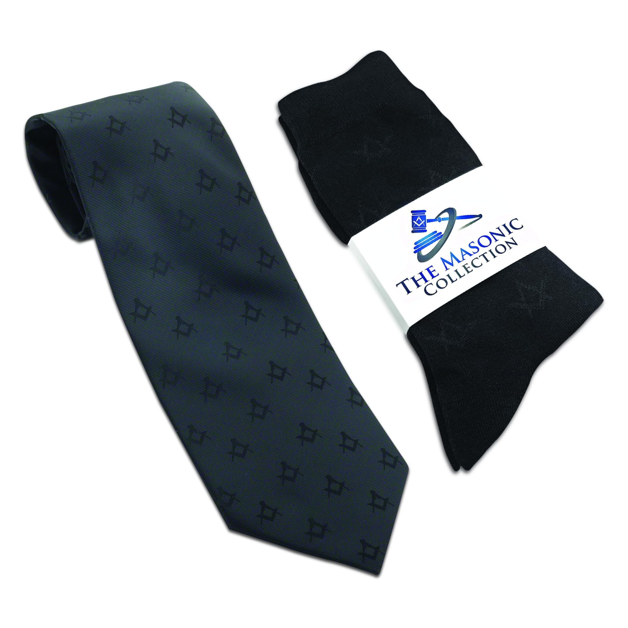 THE MASONIC COLLECTION - Freemasons Black Cotton Socks (6-9) With Matching Tie - Square & Compass - Freemason Gifts for Men