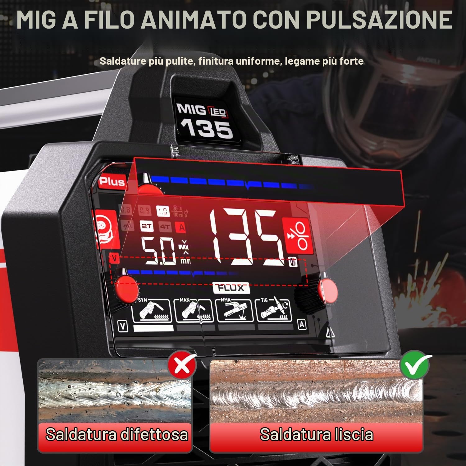 ANDELI 135A 4-in-1 Saldatore - MIG senza gas con filo animato & PULSO 230V