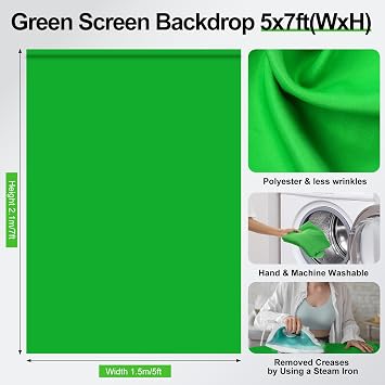 Green Screen Backdrop Kit, 5 x 6.5ft Photography Greenscreen Background with Portable T-Shape Backdrop Stand for Photo Studio, Video Recording, Streaming, Gaming
