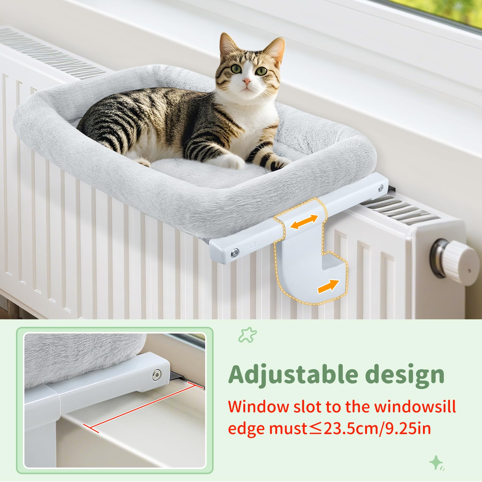 GUUSII HOME Cat Window Bed Radiator Hammock Kitten Perch Adjustable No Drilling for Indoor Large Cats Cordless Kitty Hanging Windowsill Seat Attached Bedside Machine Washable Hold up 18kg (Grey - Image 2