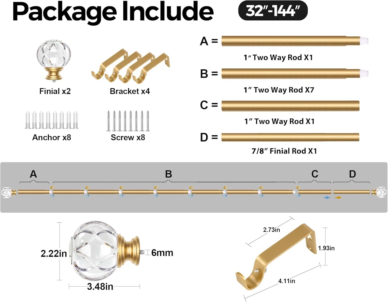 KAMANINA 1 Inch Curtain Rod 72 to 144 Inches (6-12 Feet) Telescoping Luxury Gold Curtain Rods for Windows, Heavy Duty Long Drapery Rods with Crystal Netted Texture Ends, 32-144"