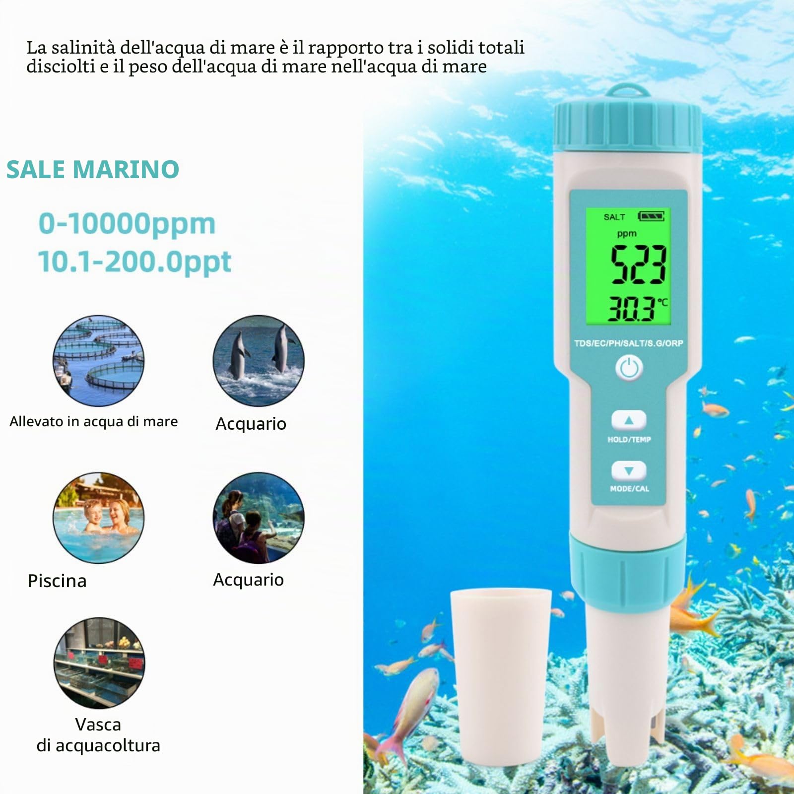 Misuratore pH 7 in 1 con PH/TDS/SALT/ORP/S.G/TEMP/EC, TDS tester con Display LCD, per Piscine, Acquari, Spa