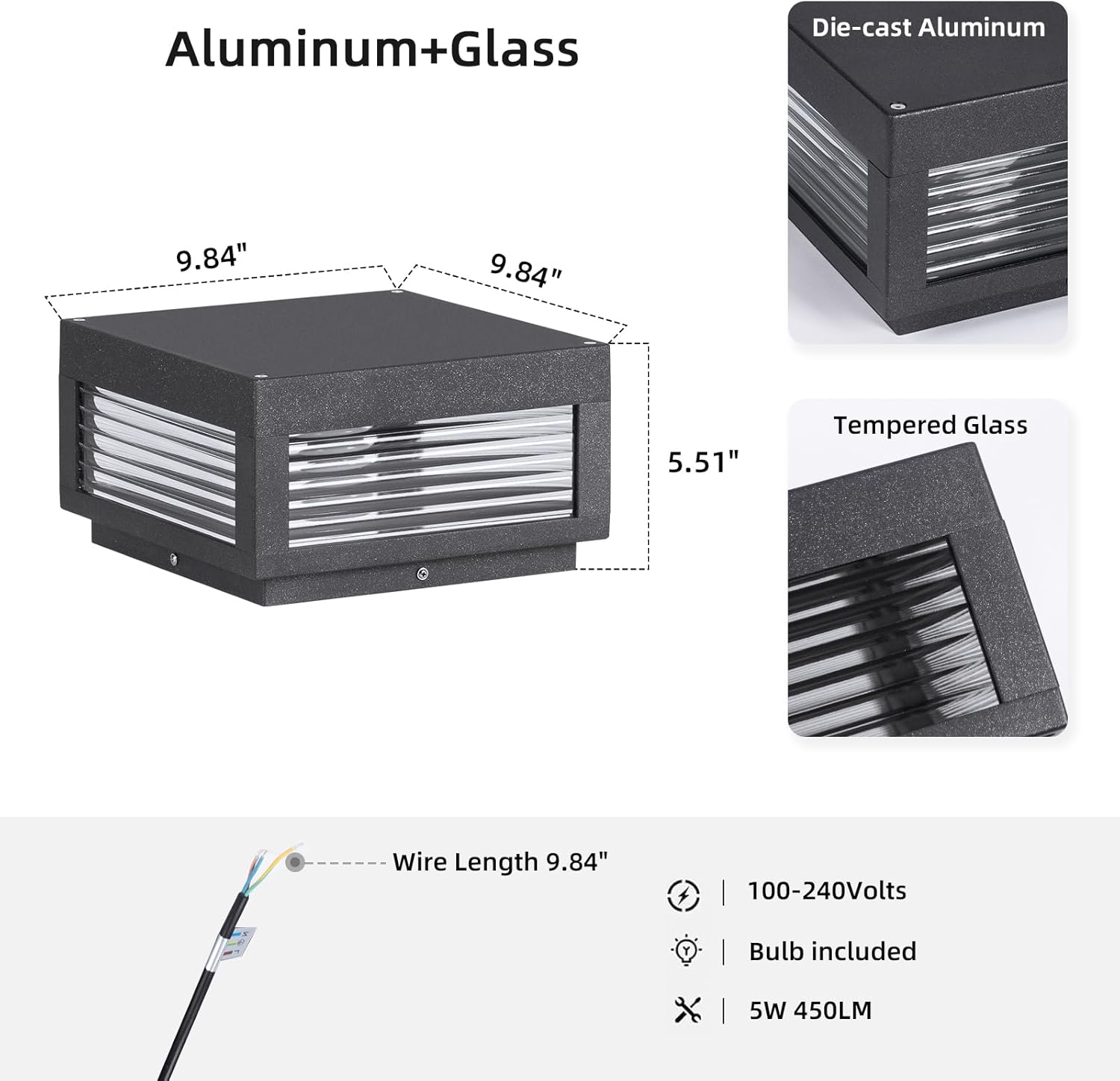 Outdoor Post Lights, 9.84" Hard Wired Column Pillar Light Waterproof Modern Lamp Posts AC100-240V LED Square Lantern for Fence Driveway Patio Garden Backyard