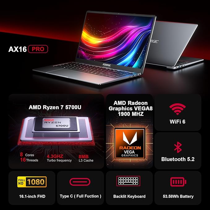 ACEMAGIC 15.6 Inch 2025 Ryzen 7 5700U Huit-Core Laptop (8C/16T, 4.3GHz) Laptops 16GB RAM DDR4.512GB Support Extension 4TB, WiFi 6, BT5.2, Type C