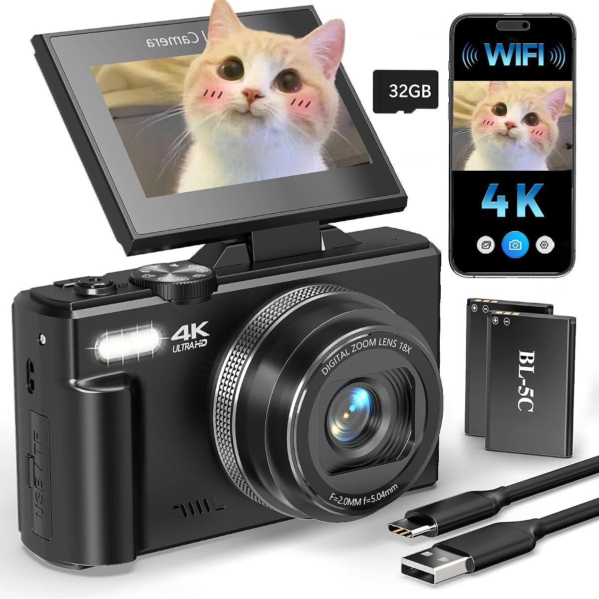 4K Digital Camera for Beginners & Teens, Autofocus Vlogging Camera with 180° Flip Screen, 18X Zoom, Easy-to-Use Compact Travel Camera, WiFi, 2 Batteries, 32GB Card