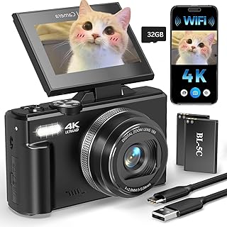 4K Digital Camera for Beginners & Teens, Autofocus Vlogging Camera with 180° Flip Screen, 18X Zoom, Easy-to-Use Compact Travel Camera, WiFi, 2 Batteries, 32GB Card