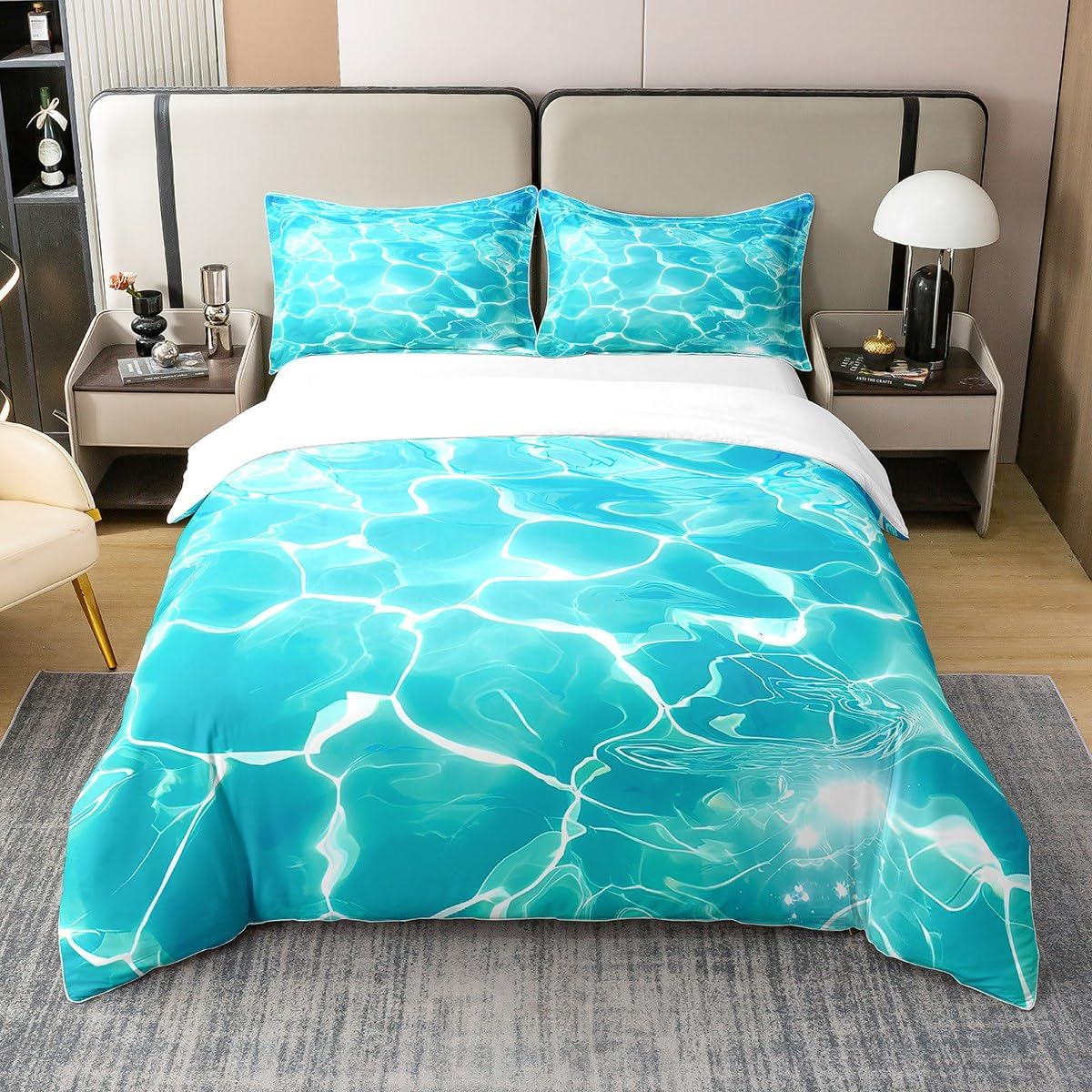 jejeloiu Blue Waves Cotton Duvet Cover Set Twin Size Ocean Sea Comforter Cover Set for Kids Boys Girls Marine Water Grain Nautical Comforter Cover Set Bedspread Cover Bedroom Quilt Cover