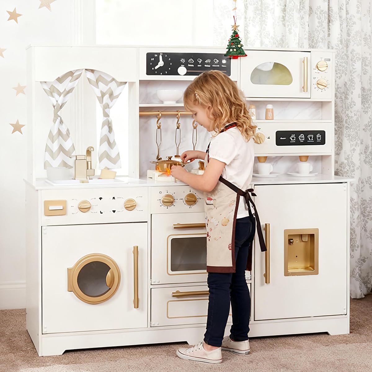 Wooden Play Kitchen Set with Ice Maker, Water Dispenser, Coffee Maker,Big Toddler Toy Kitchens Playset with Washing Machine,Sink with Running Water, Stove with Light&Sound,Gift for 3+boy Girl (White)