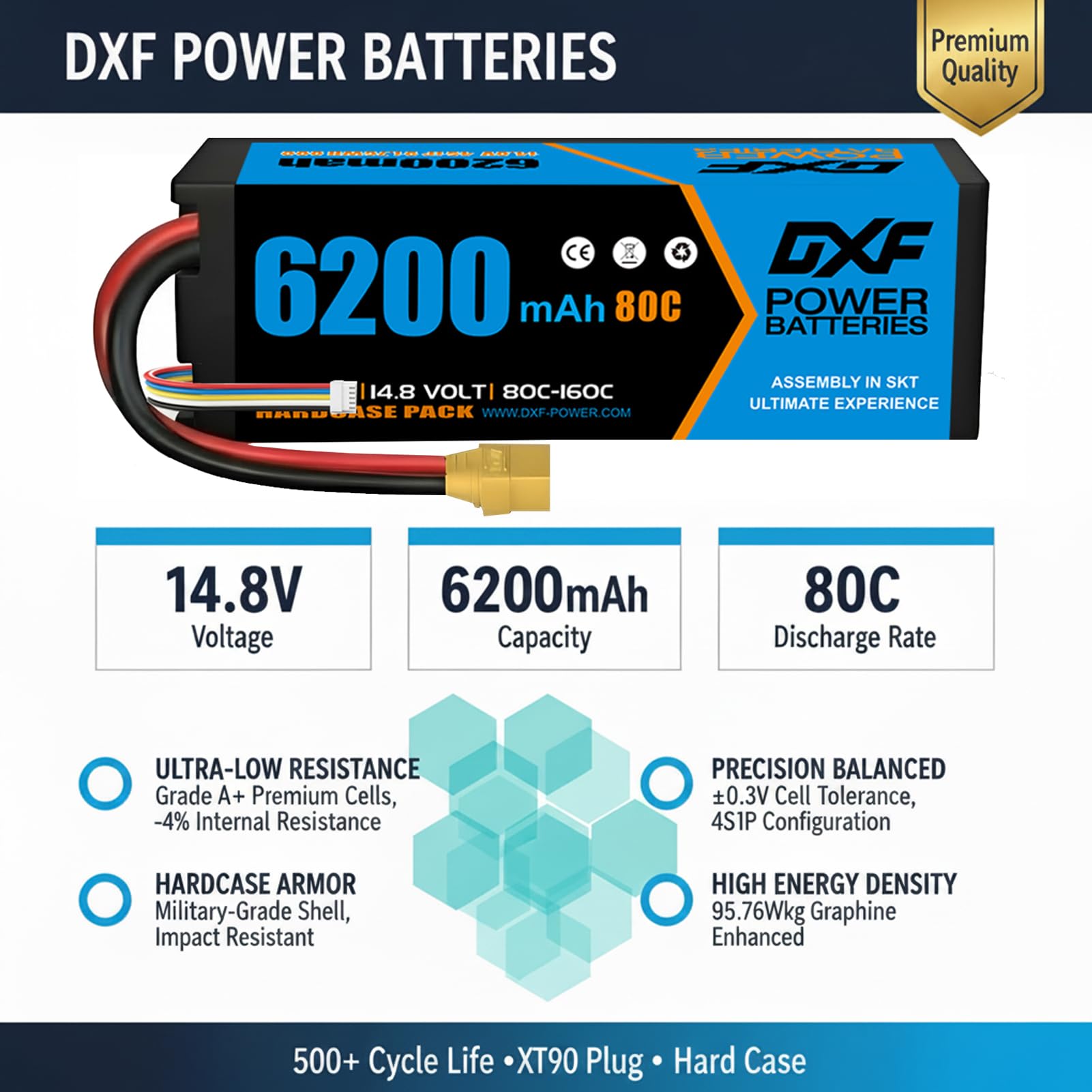 DXF Batteria LiPo 4S 14.8V 6200mAh 80C Spina XT90 Auto RC Truck Buggy 1/8 1/10 Alte Prestazioni Potente Affidabile Esperienza Decennale Gare Racing Modellismo 2 Pezzi