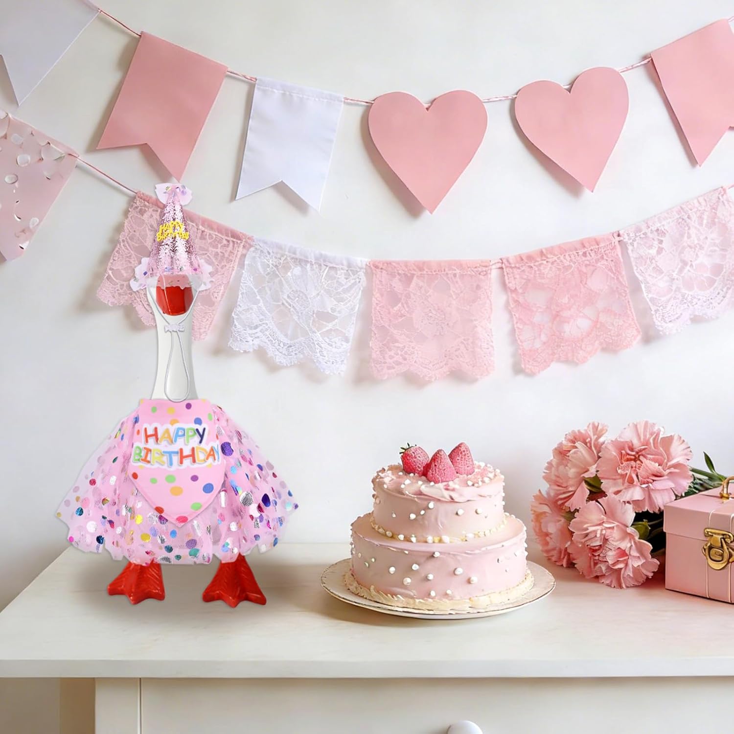 3 Pcs Birthday Porch Goose Outfit Set, Clothes Includes Tutu Skirt Hat & Bib for 43.18 cm/17in & 58.42cm/23in Cement Lawn Geese Costume Clothing Garden Yard Outdoor Decor Accessories (Pink) - Image 5