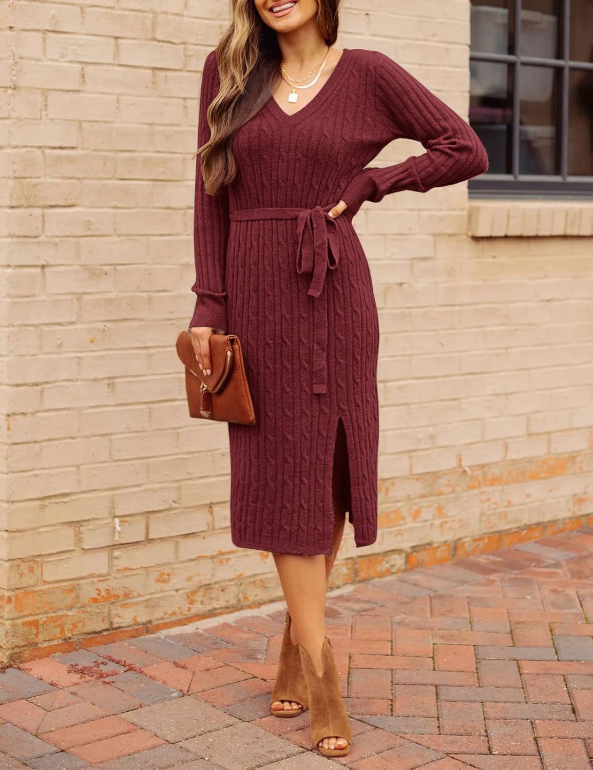 MEROKEETY Women's Winter Spring Long Sleeve Sweater Dress 2026 Fall V Neck Cable Knit Slit Bodycon Midi Dresses - Image 5