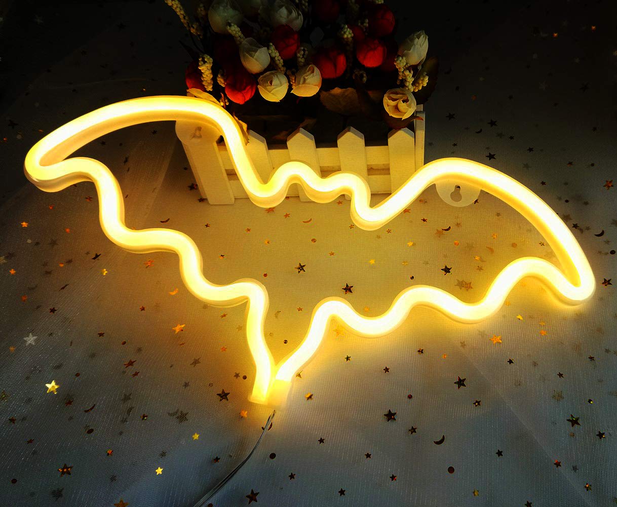 Bat Neon Night Signs LED Decaration Light for Bar Room Wall Decor Halloween Party Decorative Hang Up Warm White