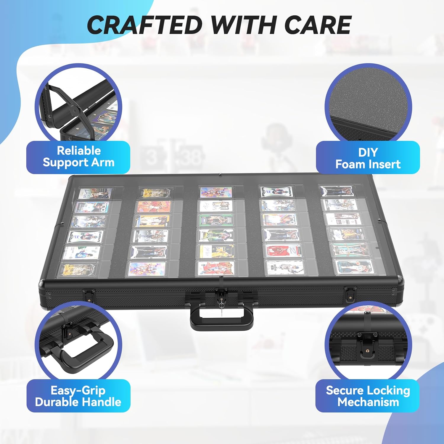 34"x22" Aluminum Card Display Case with Lock, Customizable Foam Insert & Glass Tabletop Showcase for Collectible Trading Cards, Jewelry Storage for Trade Shows (Black)