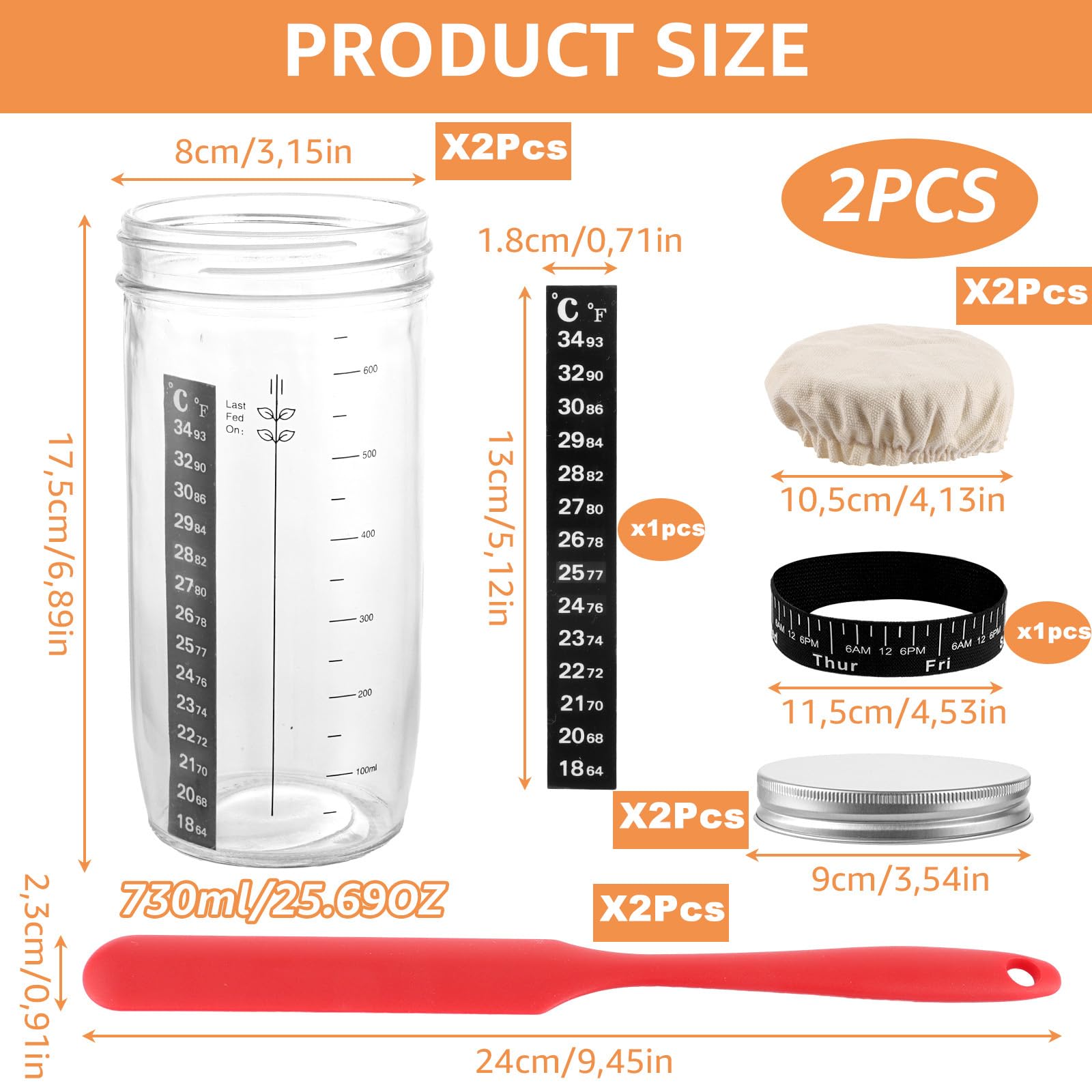 WOPPLXY 2 Pièces Kit Levain, 730 ML Bocal de Démarrage pour Levain, Kit de Démarrage au Levains avec Ruban d'alimentation Datte, Thermomètre, Couvercle, Spatule en Silicone
