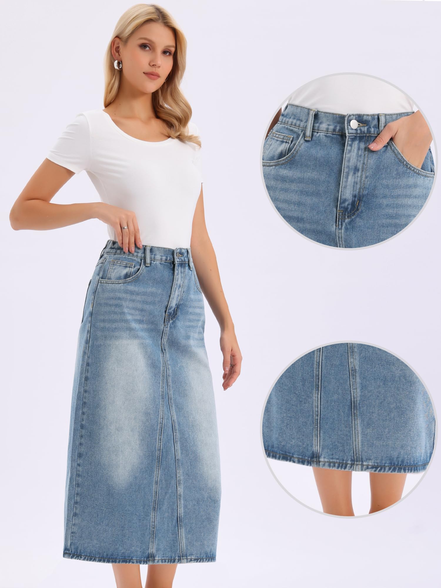 Allegra K Femme Jupe Longue en Jean Taille Haute Coupe Trapèze | Délavé Coupe Trapèze 5 Poches Style Polyvalent Décontracté Printemps Été