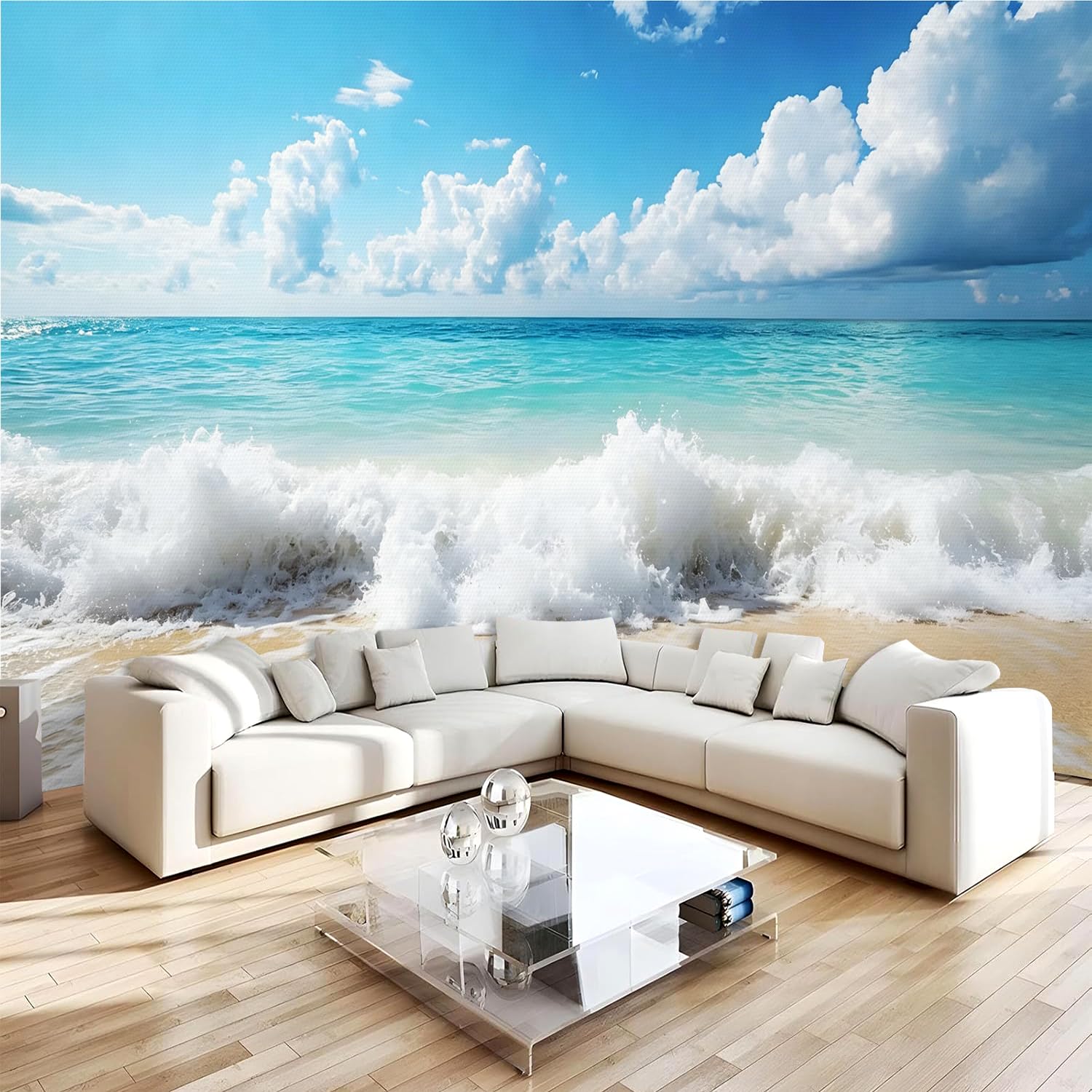 Générique Papier Peint Panoramique 3D 350x256 cm Paysage Océanique Non-tissé Murale Maison Décoration Intérieure Plage Vagues pour Chambre Salon Mur TV Artistique Poster Décoration Murale 1M2697