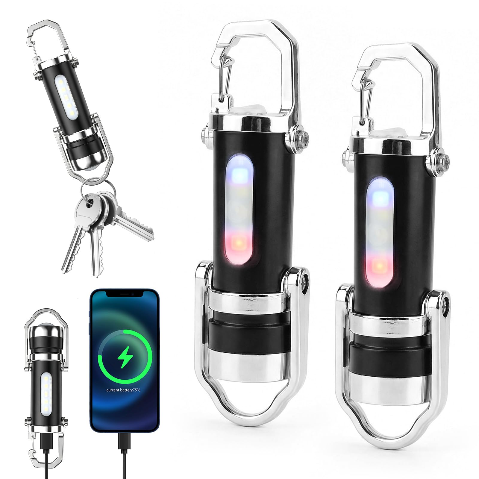 2Pcs Mini Keychain Flashlight Rechargeable, 1200lm Super Bright Mini Keychain Retractable Zoom Flashlight Power Bank, Waterproof LED Key Ring Torch for Outdoor Activities, Hiking, Camping, Emergency