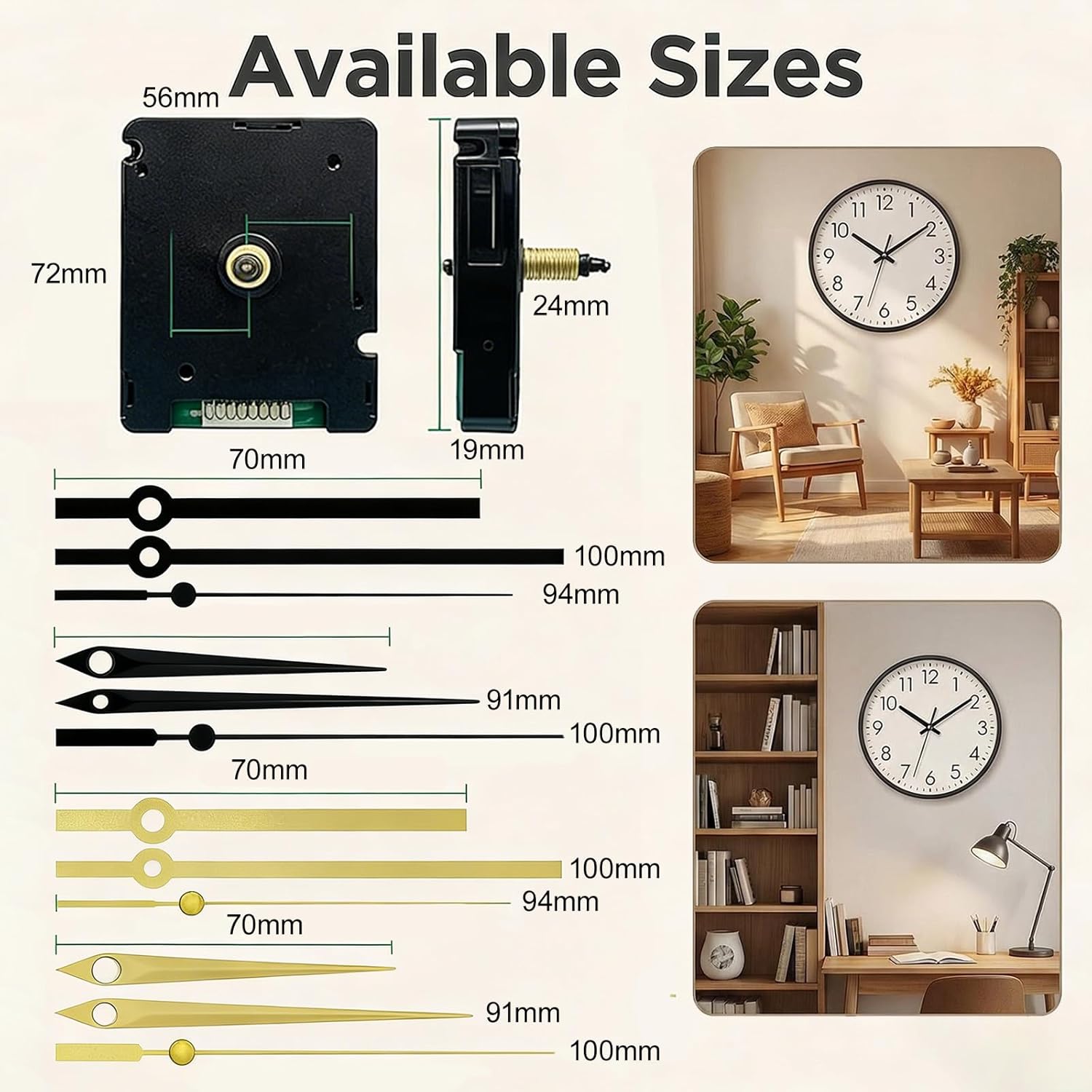 DCF77 Radio Controlled Wall Clock Movement - DIY Quiet Repair Kit with 4 Pairs Hands (Black & Gold) - Precise Motor 72 x 56 x 19mm, Axis 24mm, for Dials 10-13mm