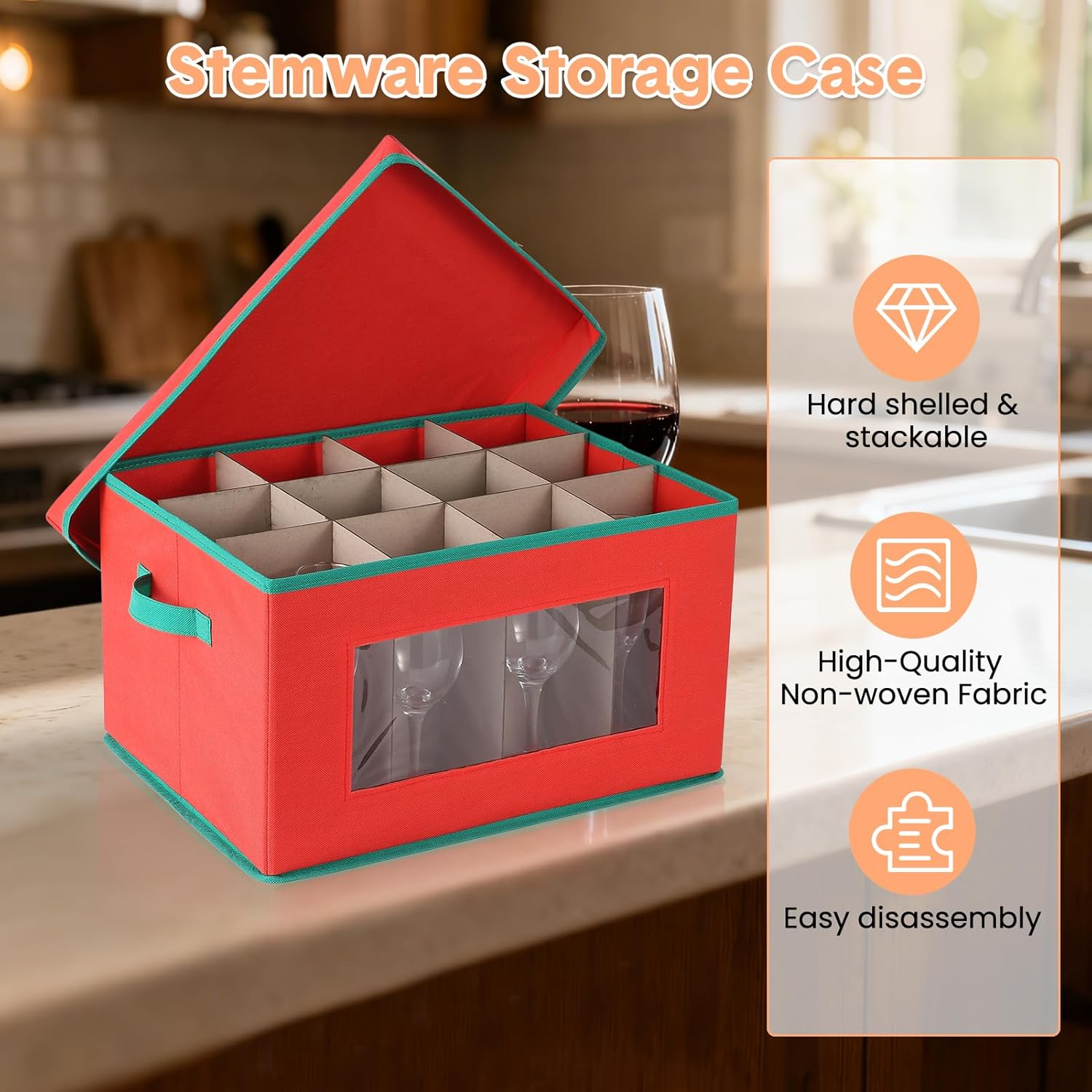 Garvee 3 Pack Wine Glass Storage Boxes with Dividers, 12-Compartment Stemware Organizers with Lid, Handle & Clear Window, China Storage Containers for Glassware, Wine Glasses, Drinkware, Red