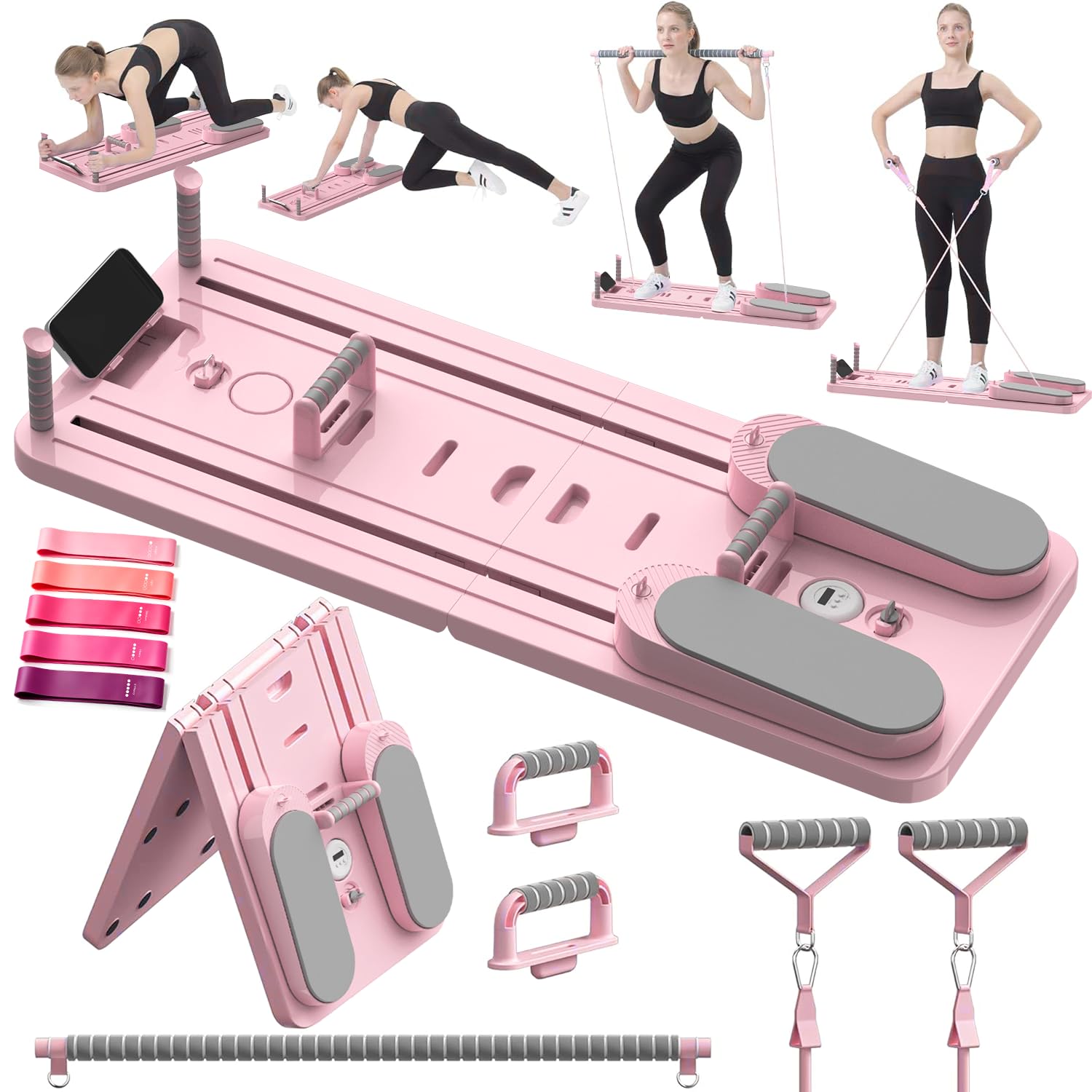 Pilates Reformer, 2026 Upgraded Foldable Pilates Board, Multifunktionales 8 in 1 Pilates Set für Zuhause(100+Ubungen), inkl 5 Widerstandsband/Automatisches Rebound, Ganzkörper Workout