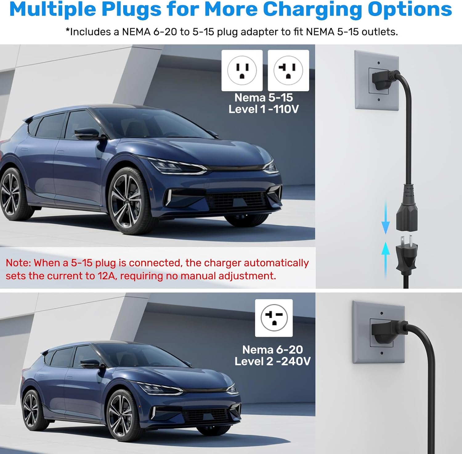 Level 1 &2 EV Charger, Electric EV Charger with 26FT Cable,16Amp, Adjustable Current 12H Smart APP, NEMA 6-20 & NEMA 5-15 Adapter, Carry Bag, Compatible with J1772 Evs