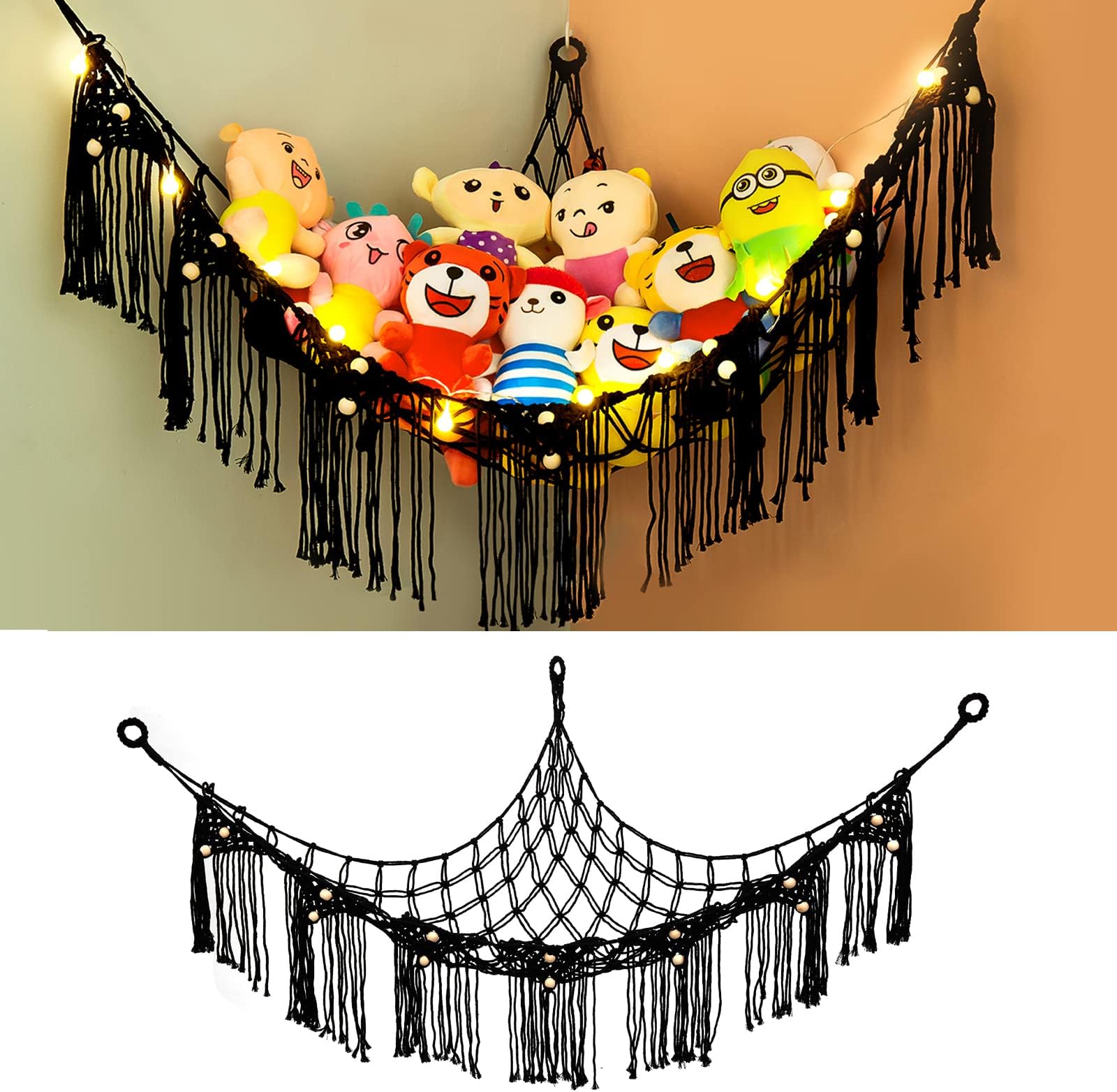 Stuffed Animal Net, Stuffed Animal Hammock with LED light Wall Mesh Toy Net Hammock for Stuffed Animals Corner Hanging Toy Storage Organizer Plush Toy Net for Kids’ Play Room Bedroom Black