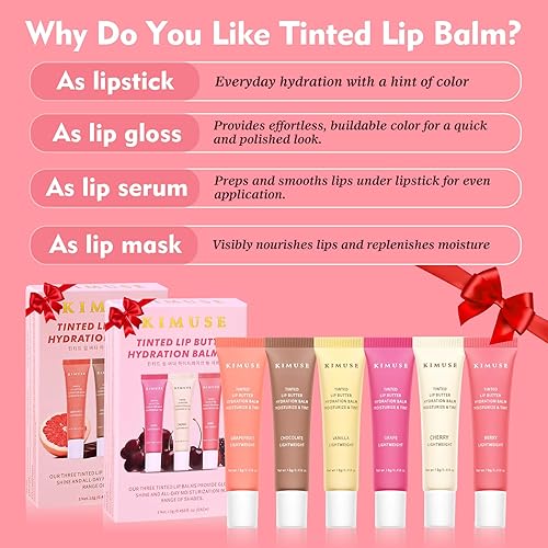 Miniatura 4 de KIMUSE Juego de 6 Bálsamos de Mantequilla Labial Tintada Hidratante, 6 Tonos con Sabor Brillo Hidratante Voluminizador con Ácido Hialurónico y