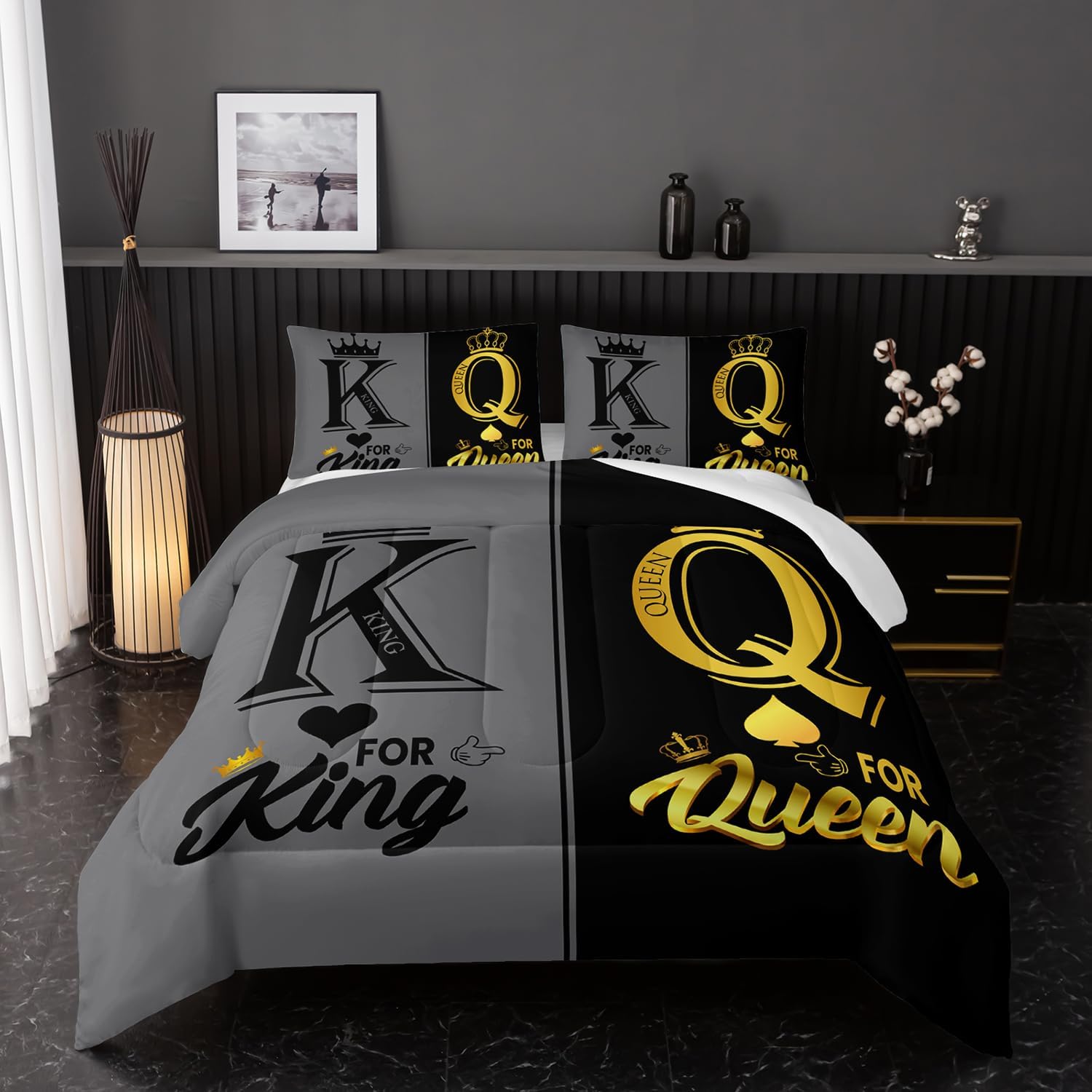 King and Queen Crown Comforter Set Black and Gray Couple Bedding Set,3Pcs Mr Mrs Comforter Set for Adults Couple Men Women,His and Hers Quilt Set 2 Pillowcases Bedroom Decor Queen