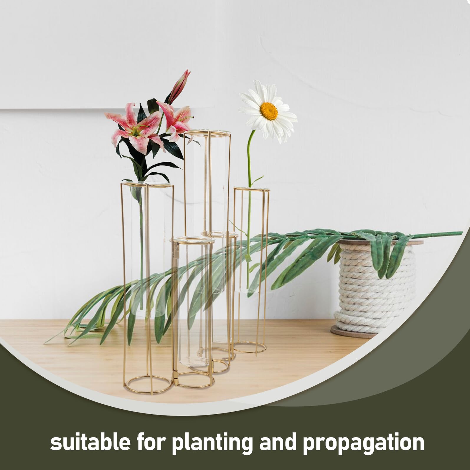 Vase Hydroponique Tubes Verre avec Support Métallique Rotatif Station de Propagation Flexible pour Fleurs et Plantes Décoratives Adapté Salon Bureau et Mariage