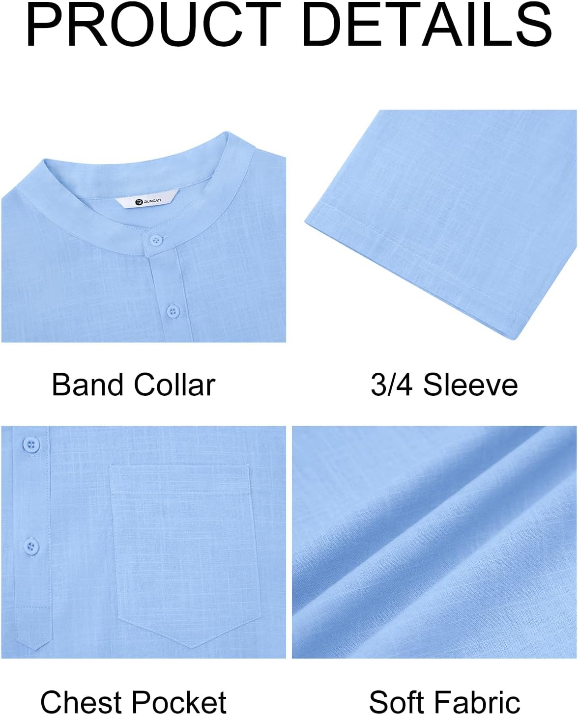 Runcati Mens Casual Henley Shirts 3/4 Sleeve Band Collar Cotton Linen Shirt Summer Beach Hippie T-Shirts with Pocket - Image 6