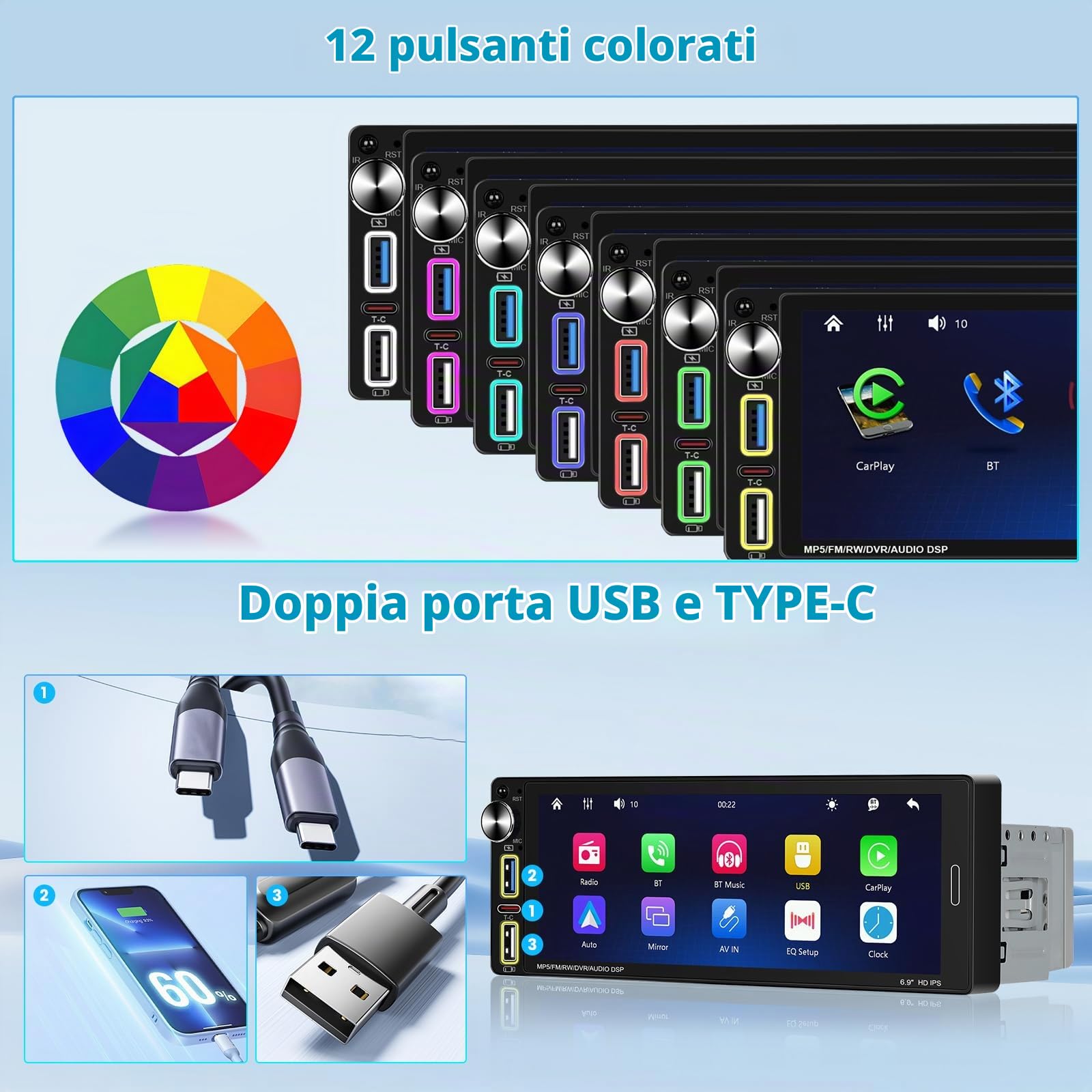 Hikity Wireless Carplay Autoradio 1 Din con 6.9 Pollici Schermo Touchscreen Radio Bluetooth 1 Din con Android Auto Bluetooth Vivavoce EQ FM 2USB SWC Mirror Link Telecamera Posteriore