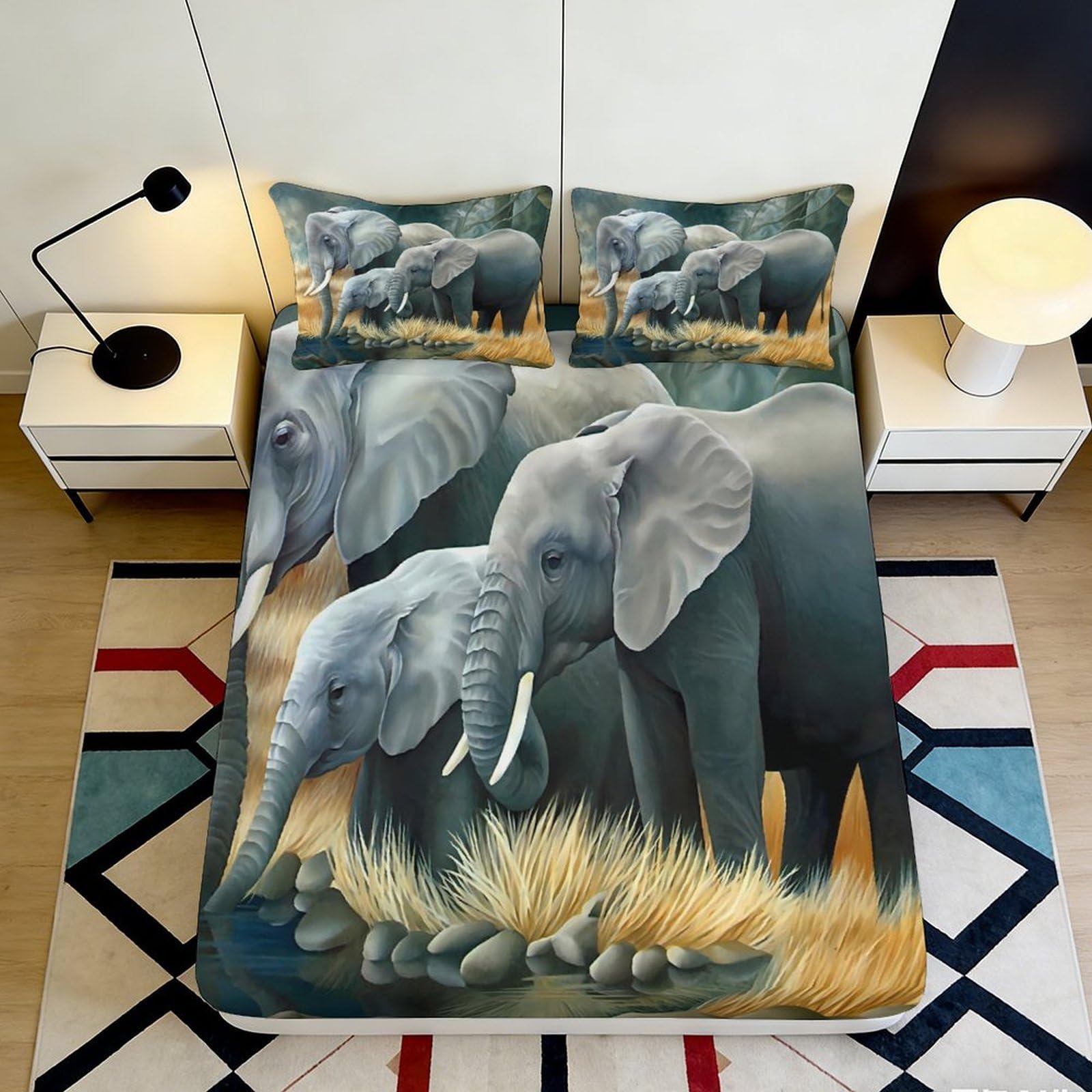 3D Printed Elephant Pattern Fitted Sheet Microfiber Deep Pocket Non-Slip Full Wrap Elephant Mattress Fitted Cover Washable 90x200x25cm