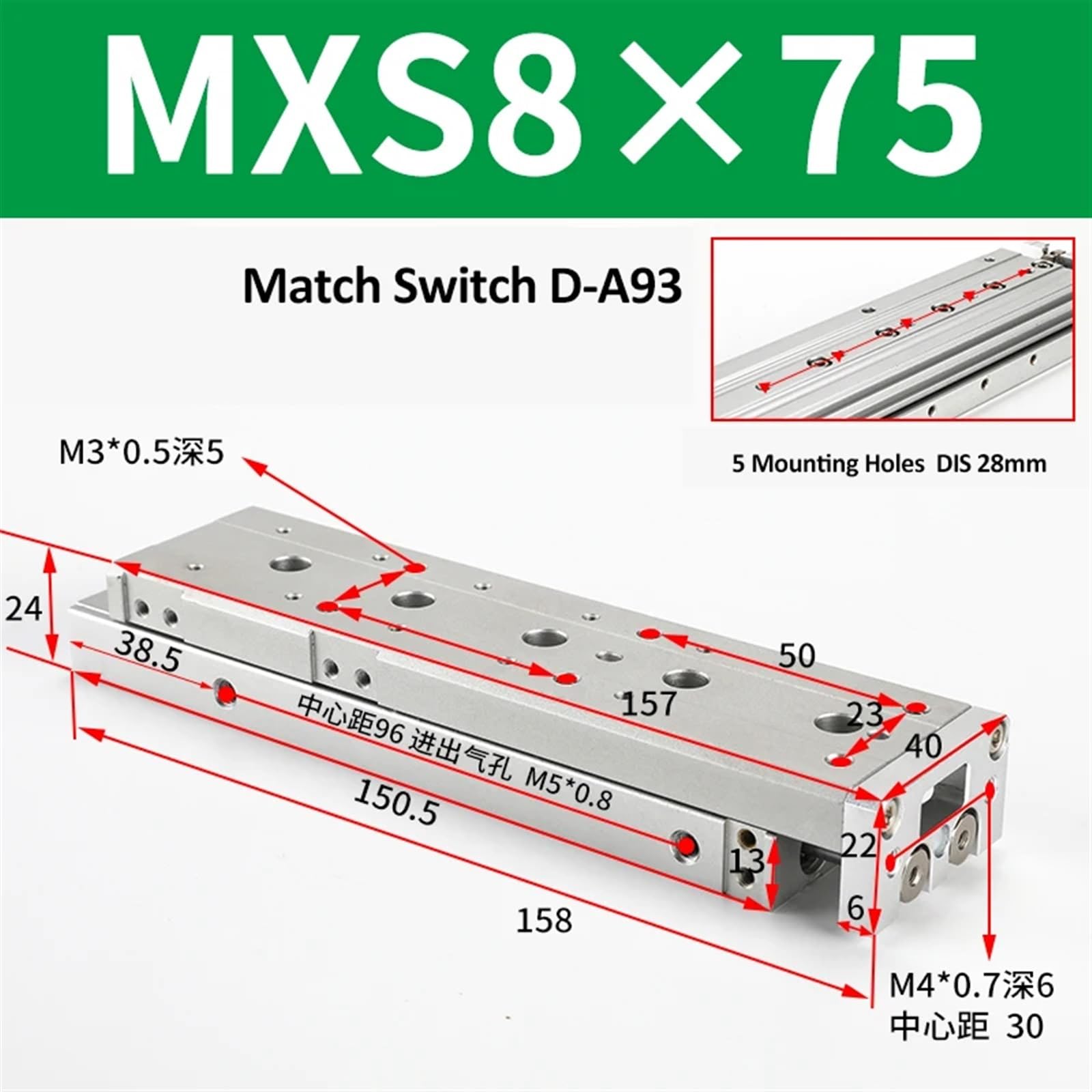 Produktbild von MXS8 Pneumatik-Gleittischzylinder – Gleitschienen-Luftzylinder, Hübe 10–50 Mm, 1 Stück (MXS8-50)