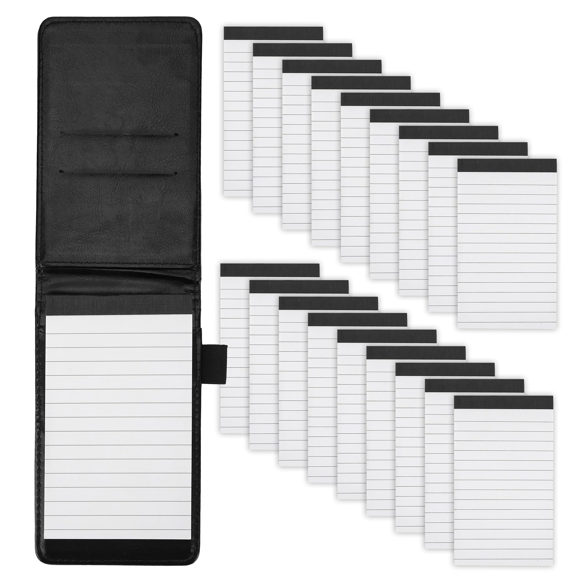 WeeGoo 21 PCS A7 Small Leather Notepad Holder Set, Portable Mini Pocket Notebook Holder with 30 Lined Sheets and 20 PCS Notepads Memo Book Refill, Black Notepad Memo Book for Office Restaurant