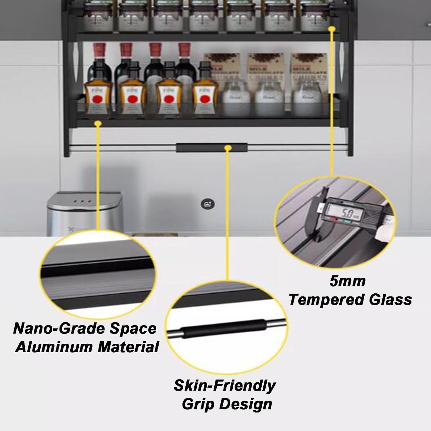 2 Tier Cabinet Pull Down Shelves,Aluminum Spice Rack Pull Down Cabinet Rack,Home Wall Cabinet Storage Lift Basket for Kitchen Bar Cafe Storage,Black-270x610x520mm