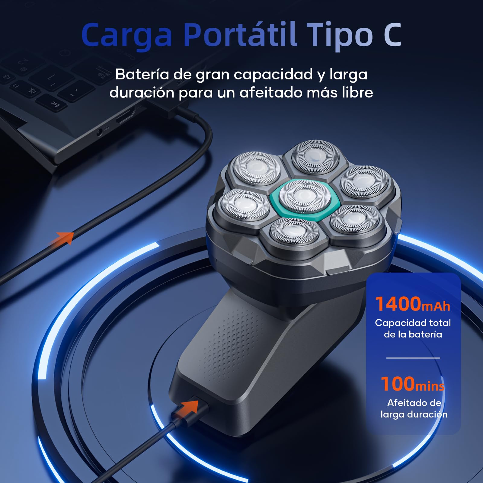 kensen Afeitadora Cabeza Hombre, Maquina Afeitar Hombre para Calvo, 7D Cabezales Maquina para Afeitar Cabeza en Seco y Húmedo con Pantalla LED, 100 mins Uso, IPX6 Impermeable, USB-C, 8100/8500RPM