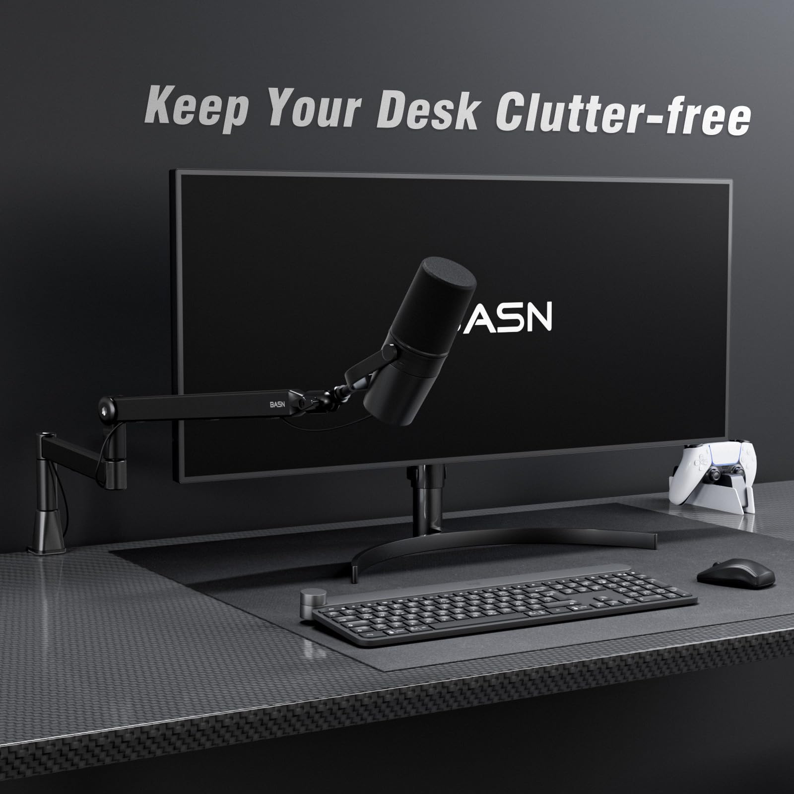BASN Low Profile Mic Arm, Mikrofon-Galgenarm Ständer mit Tischklemme, drehbares und verstaubares Design, Kabelmanagementk, 3/8 Zoll auf 5/8 Zoll Gewindeadapter für Podcast, Gaming, Streaming
