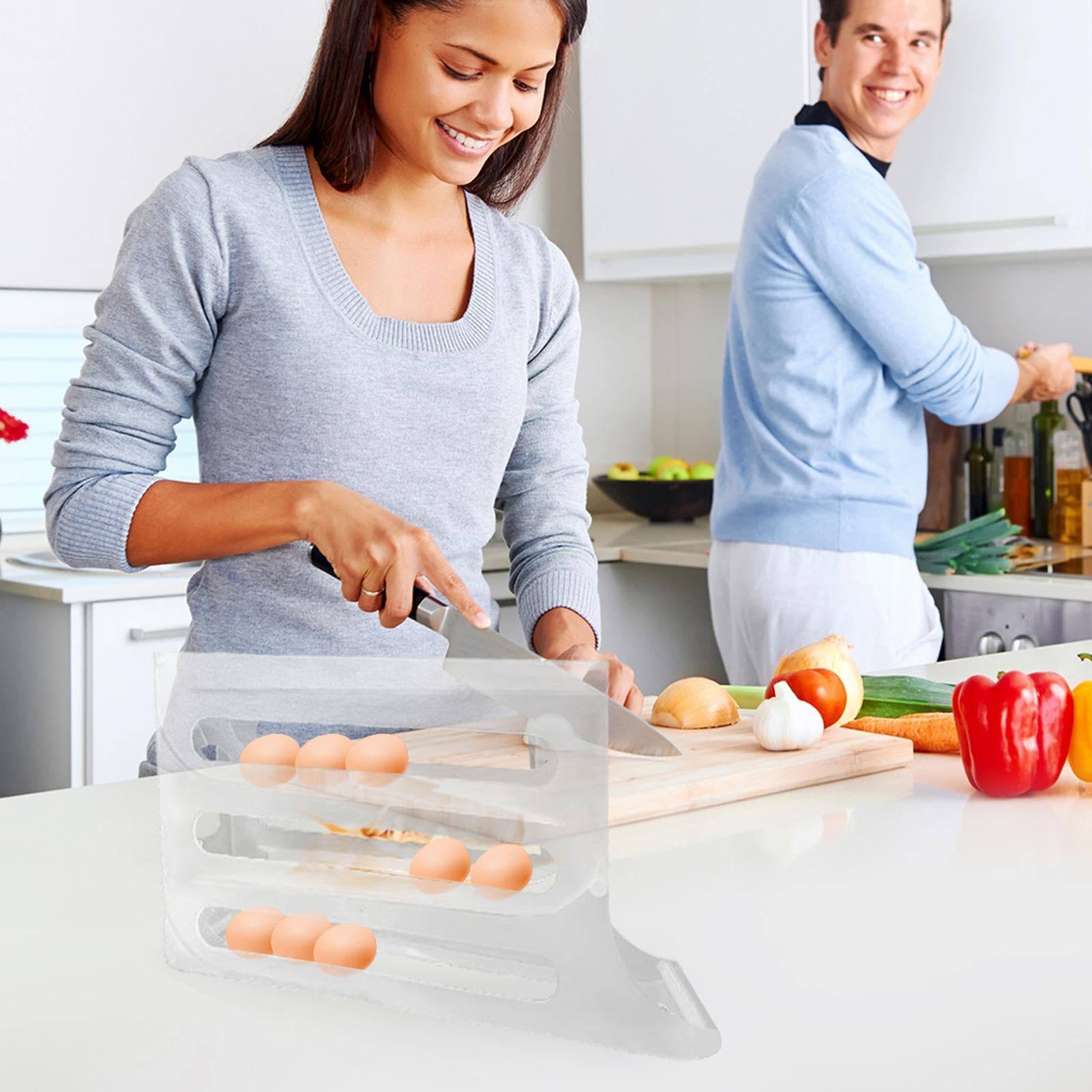 Distributeur œufs Frigo 2 étages - 14 œufs - Roulement Automatique - Plastique Alimentaire - Couvercle & Poignée - Crème - 10