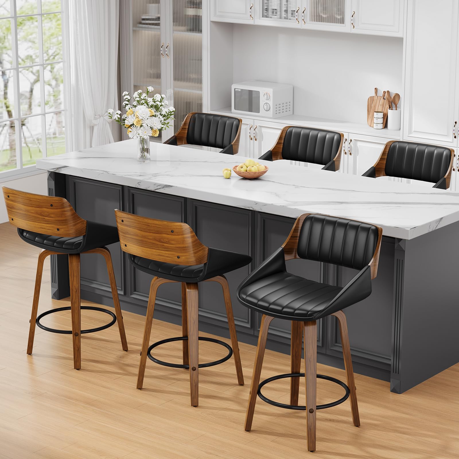 Bar Stools Set of 6, 26" Swivel Counter Height Barstools with Walnut Bentwood Back and Legs, Mid-Century Modern Faux Leather Upholstered Bar Chairs