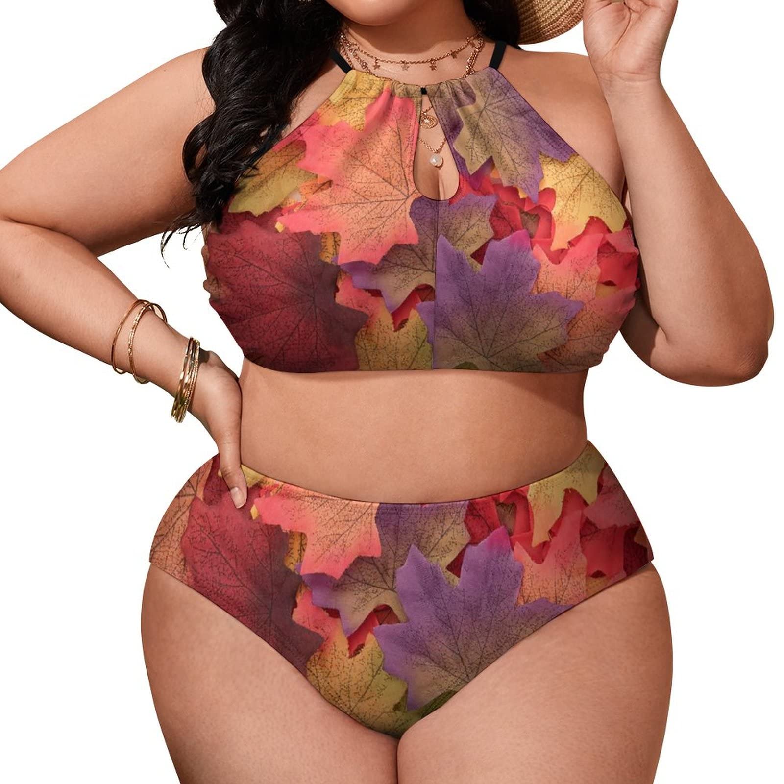 SEPTYK Fall Harvest Autumn Seasonal Leave Pattern Women Sexy Bikini 2 PC Plus Size Swimsuits High Neck Bathing Suit 4XL
