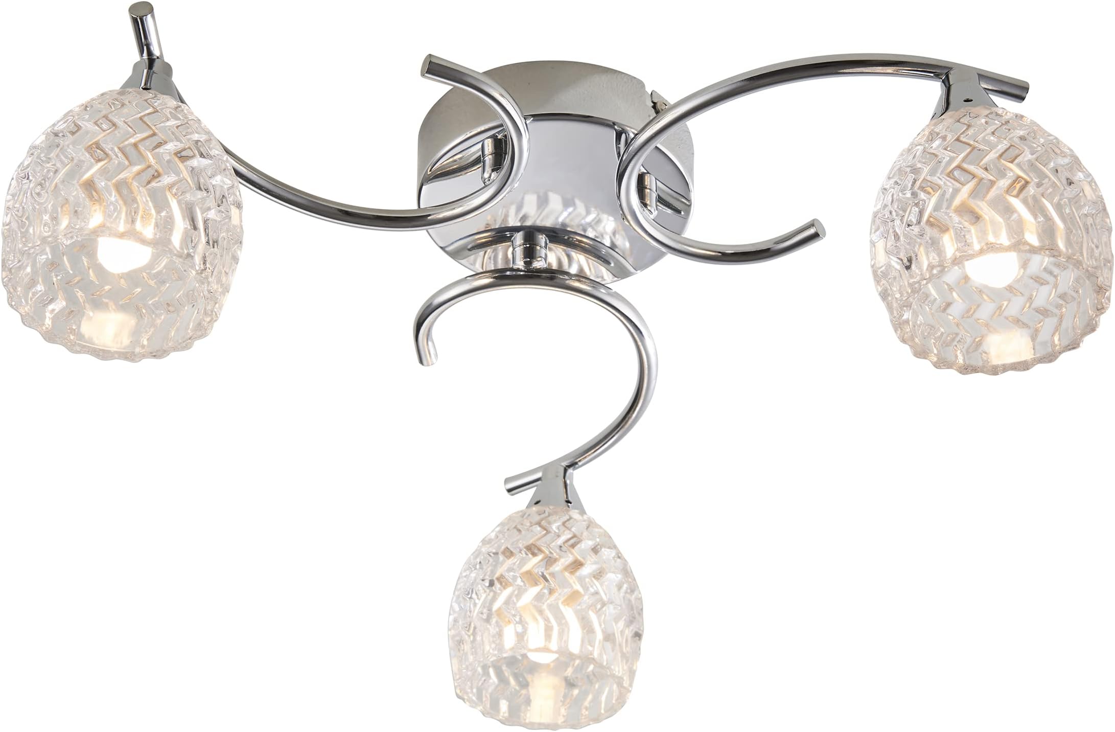 Reagan Decorative Silver Chrome Curved Arm Semi Flush Ceiling Light with 3 Patterned Cut Glass Shades