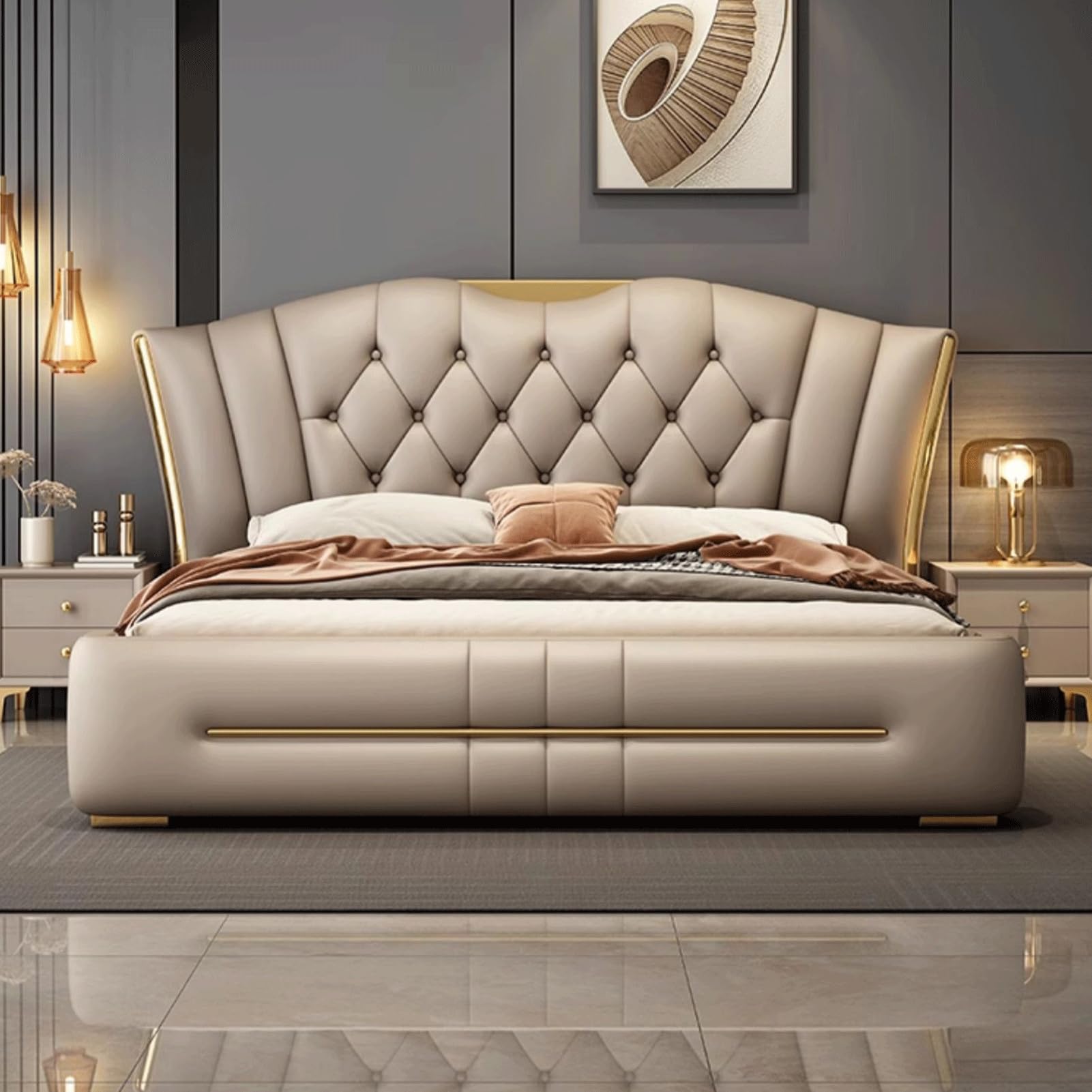 Modern Luxury King Size Genuine Leather Bed Set Upholstered Platform Bed Frame with Wingback Headboard and Storage Drawers