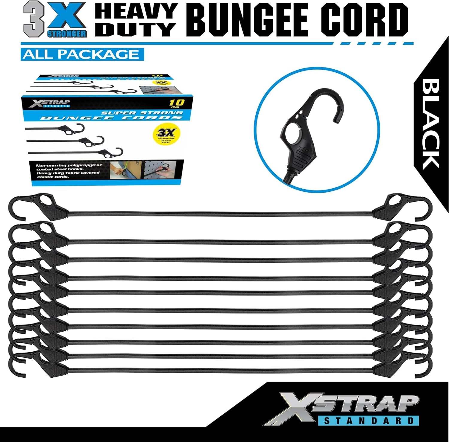 XSTRAP STANDARD Heavy Duty Bungee Cords 10PK 32-Inch Bungee Cords with Finger-Hole Hooks, Ideal for Outdoor, Tarp Covers, Motorcycle, Luggage Rack (Black)