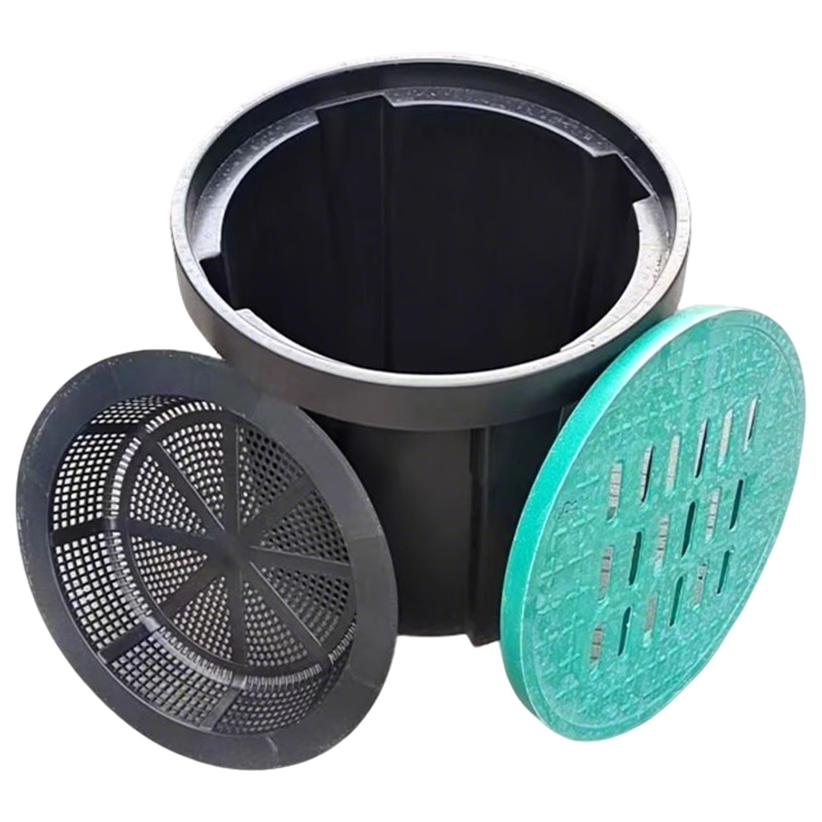Depósito de Recogida de Agua Redondo de Gran tamaño con Rejilla y Cesta para residuos, Sistema de Drenaje subterráneo de bajo Perfil para una gestión eficiente del Agua.